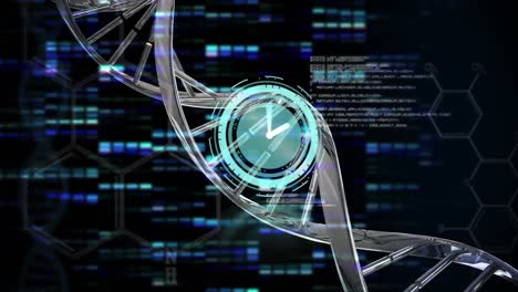 animation of ticking clock, dna structure, data processing and mosaic squares on blue background