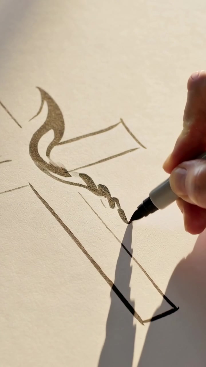Vertical video: Marker touching paper artist drawing flame braiding line at desk demo, copy space