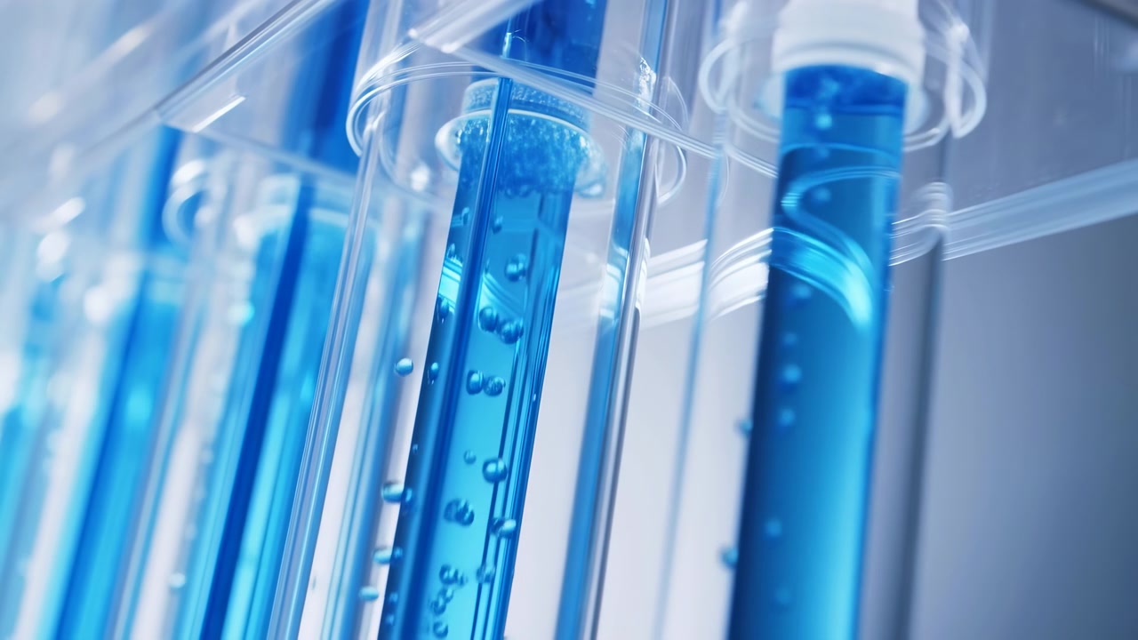 Primo piano di provette di vetro trasparenti riempite di liquido blu e bolle che salgono, disposte su una superficie di laboratorio pulita con un'illuminazione scientifica brillante.