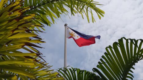 Flag-twisting-blue-and-red-as-the-wind-blows,-Philippine-National-Flag-seen-through-leaves-and-branches-of-palm-trees