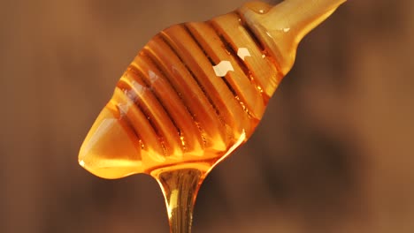 golden honey syrup dripping from honey dipper