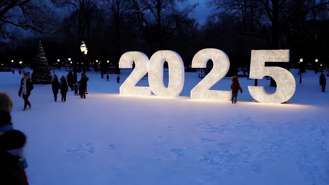 niños viendo una exhibición iluminada de 2025 en un parque nevado por la noche