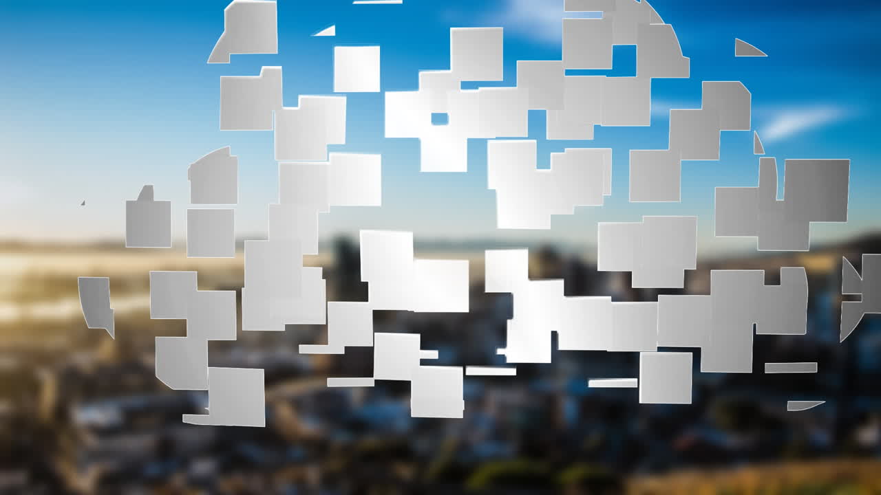 animación de la computación en la nube sobre el fondo del paisaje urbano