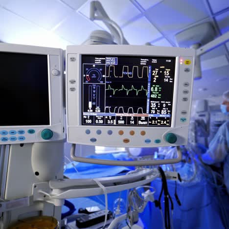 vital signs of a patient on monitor. health monitor in intensive care unit showing patient's condition on surgical process background. health care concept.