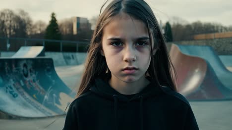 young girl with serious face at skatepark