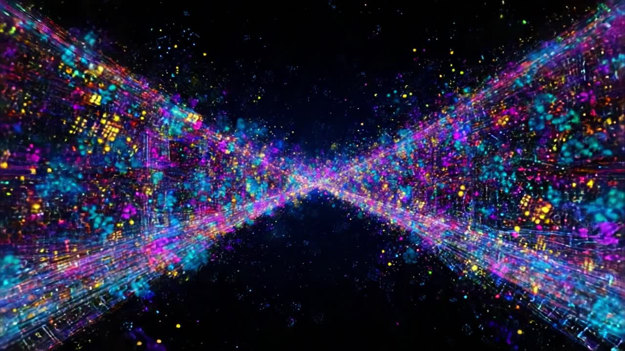 A Vibrant Journey Through a Digital Nexus of Colorful Light Particles, Displaying a Dynamic Interaction of Energy and Motion Across a Cosmic Landscape in Glorious Detail