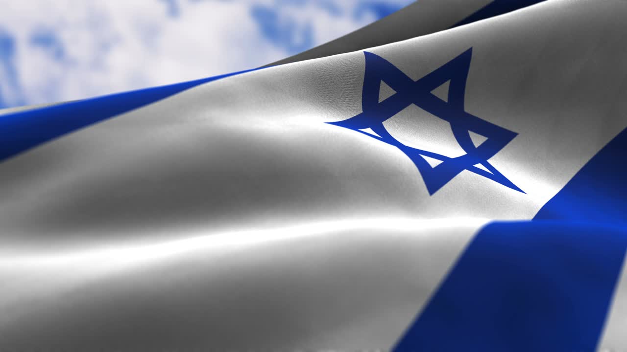 Bandiera di Israele che sventola al vento con texture del tessuto altamente dettagliata. Video stock 4K in loop continuo.