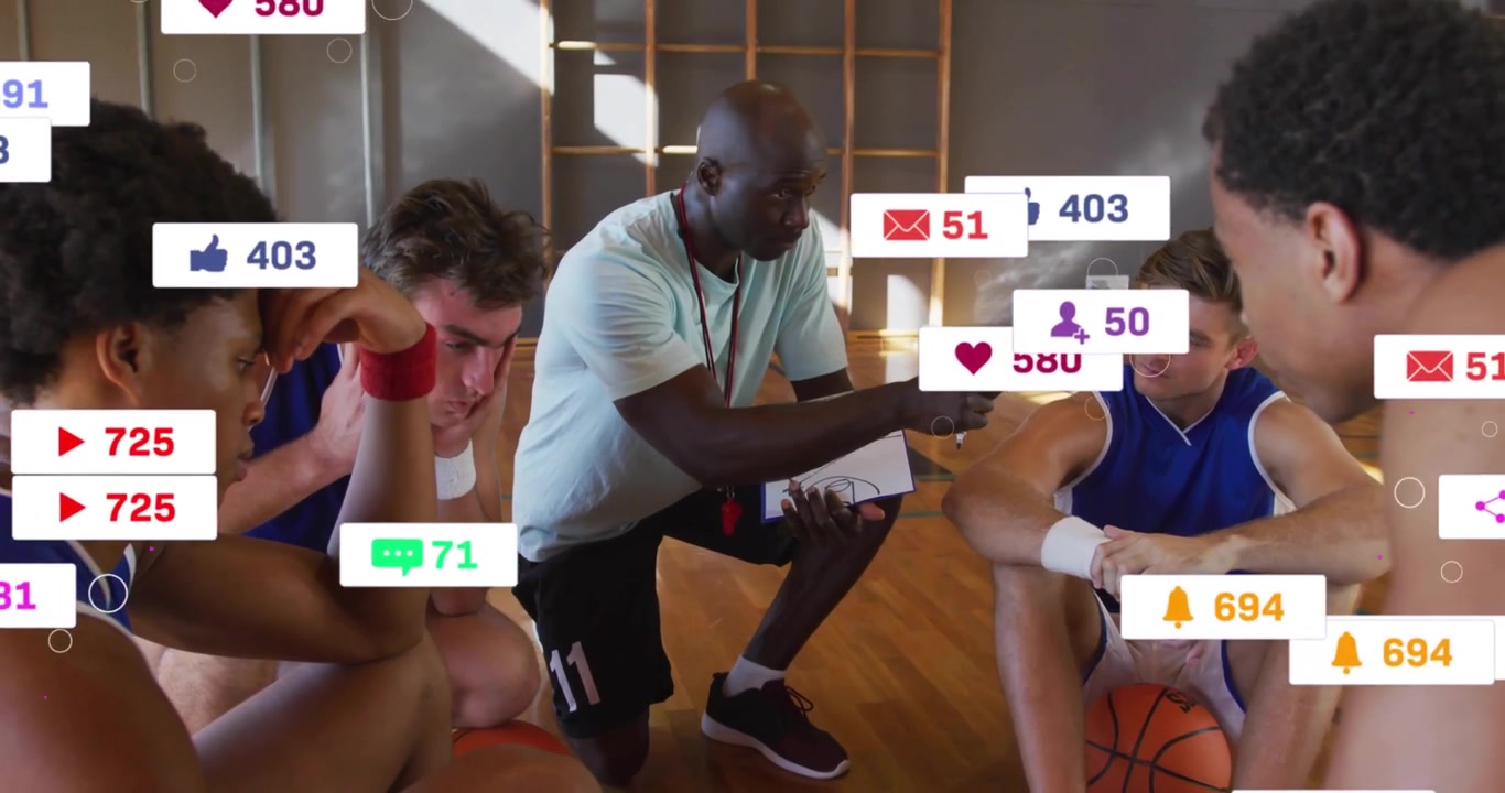 Sports coach kneeling pointing board team refocusing as incoming social icons rising then clearing