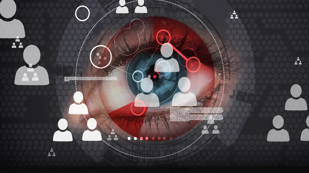animación de iconos de personas, alcance de procesamiento de datos escaneando sobre el ojo de la mujer
