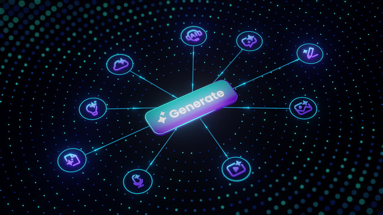 Vista dall'alto di un pulsante "Genera" luminoso circondato da icone di strumenti AI disposte in un layout circolare, che rappresentano l'automazione dei contenuti, la creazione digitale e l'interfaccia di una piattaforma di tecnologia intelligente.