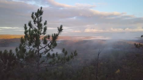 Aerial-Sunrise-Medium-Shot-Rising-Above-Green-Pine-Tree-To-Reveal-Misty-Fog-Lakes-And-Fall-Forest-Colors-in-Kawarthas-Ontario-Canada