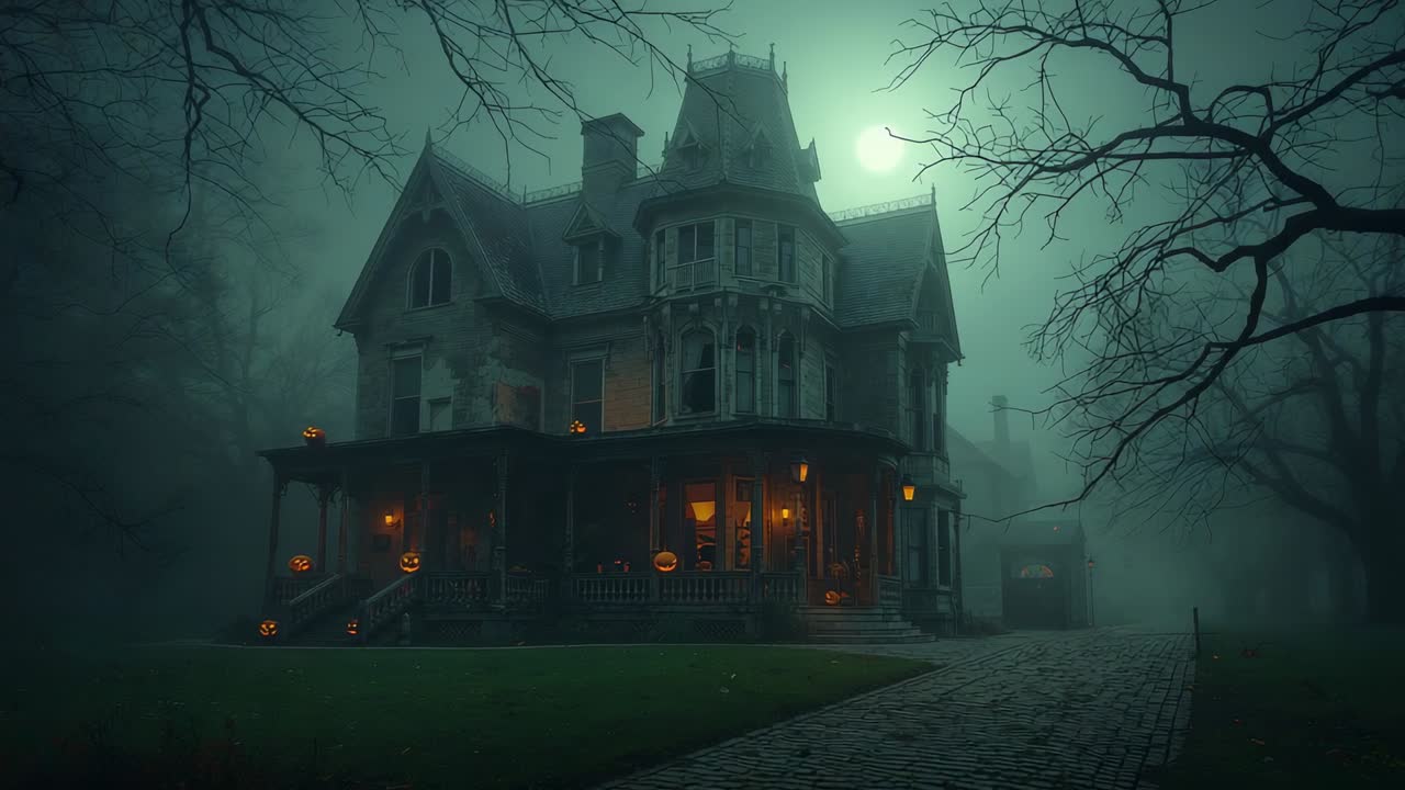 Moonlight illuminating Victorian-era house standing in misty clearing, with lit jack-o'-lanterns