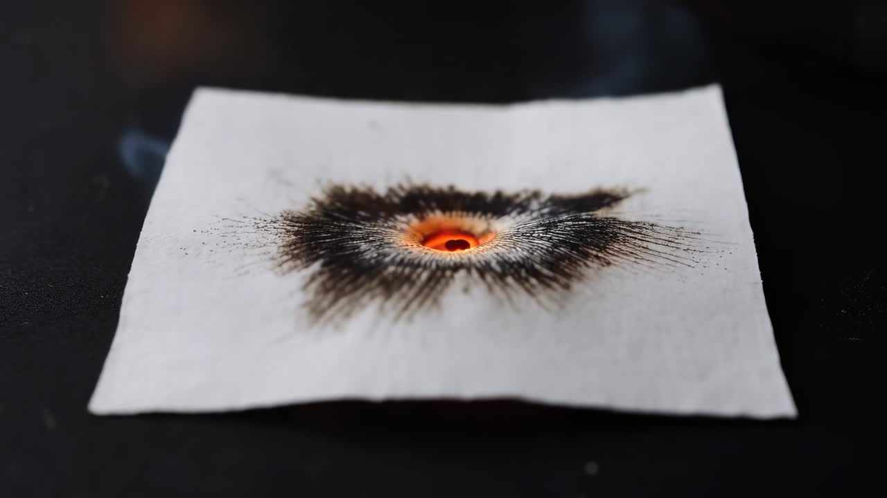 Pellet igniting, central pit radiating and spreading char on white square paper at dark tabletop