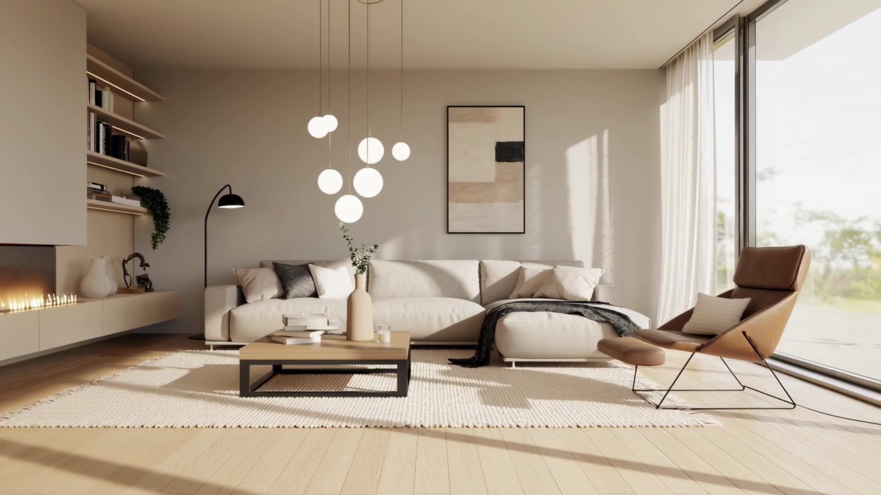 Moderní minimalistický obývací pokoj s krbem a přirozeným světlem