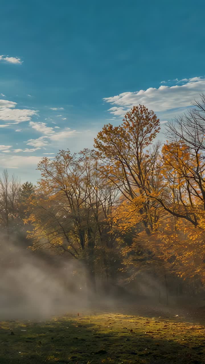 Vertical video: Breaking sun moving fog, shifting mist showing grass at wood edge and autumn trees