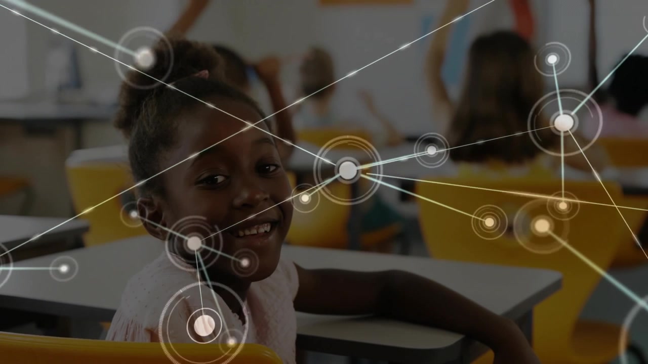 Teacher asking question, student raising hand while smiling and data overlay growing in education