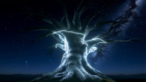 mystical glowing tree under a starry night sky