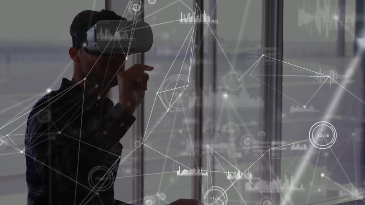 Mand iført et virtual reality-headset med grafer