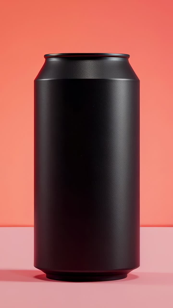 Vertical video: Opening frame showing matte black can centered on pink tabletop, coral backdrop