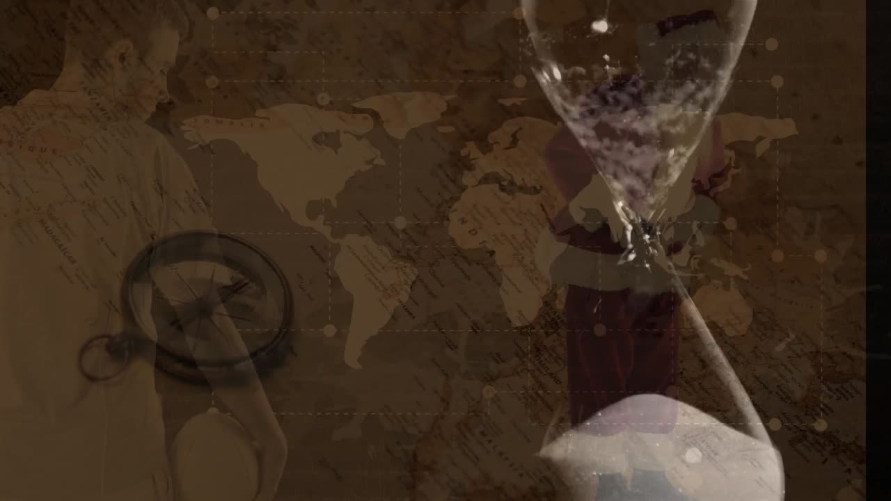 세계 지도의 애니메이션, 나침반과 백인 남자가 모래시계 위에