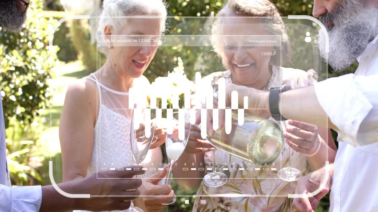 Bearded man tipping bottle, group holding flutes in garden, HUD overlay guiding celebration