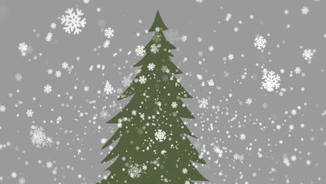 animation of snow falling over christmas tree on grey background