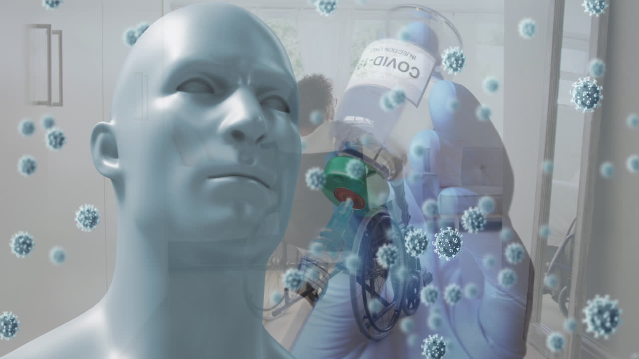 인체 모델 위에 떨어지는 코로나19 세포의 애니메이션