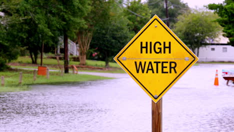 high water sign with a flooded street in the background