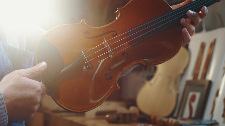 Slow motion close up of master artisan luthier is controlling a handmade violin in a workshop.