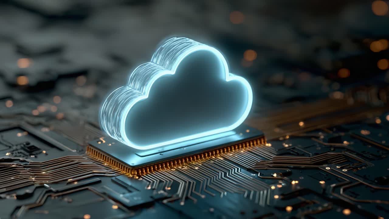Un'icona a forma di nuvola luminosa che rappresenta l'archiviazione digitale su un circuito stampato, a simboleggiare il cloud computing e la tecnologia moderna in un ambiente futuristico