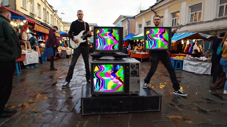 Artisti di strada con TV vintage