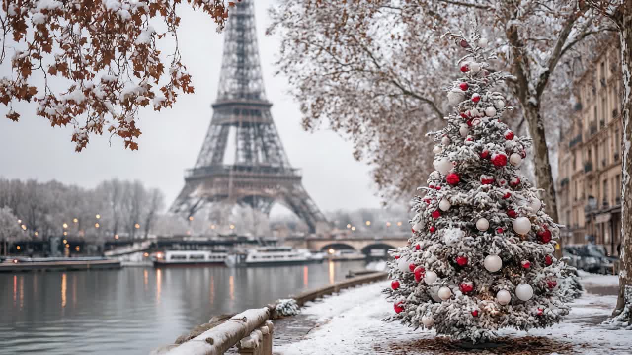 Un paese delle meraviglie invernale: albero di Natale innevato vicino al fiume con la Torre Eiffel sullo sfondo, per creare una magica atmosfera natalizia nel cuore di Parigi