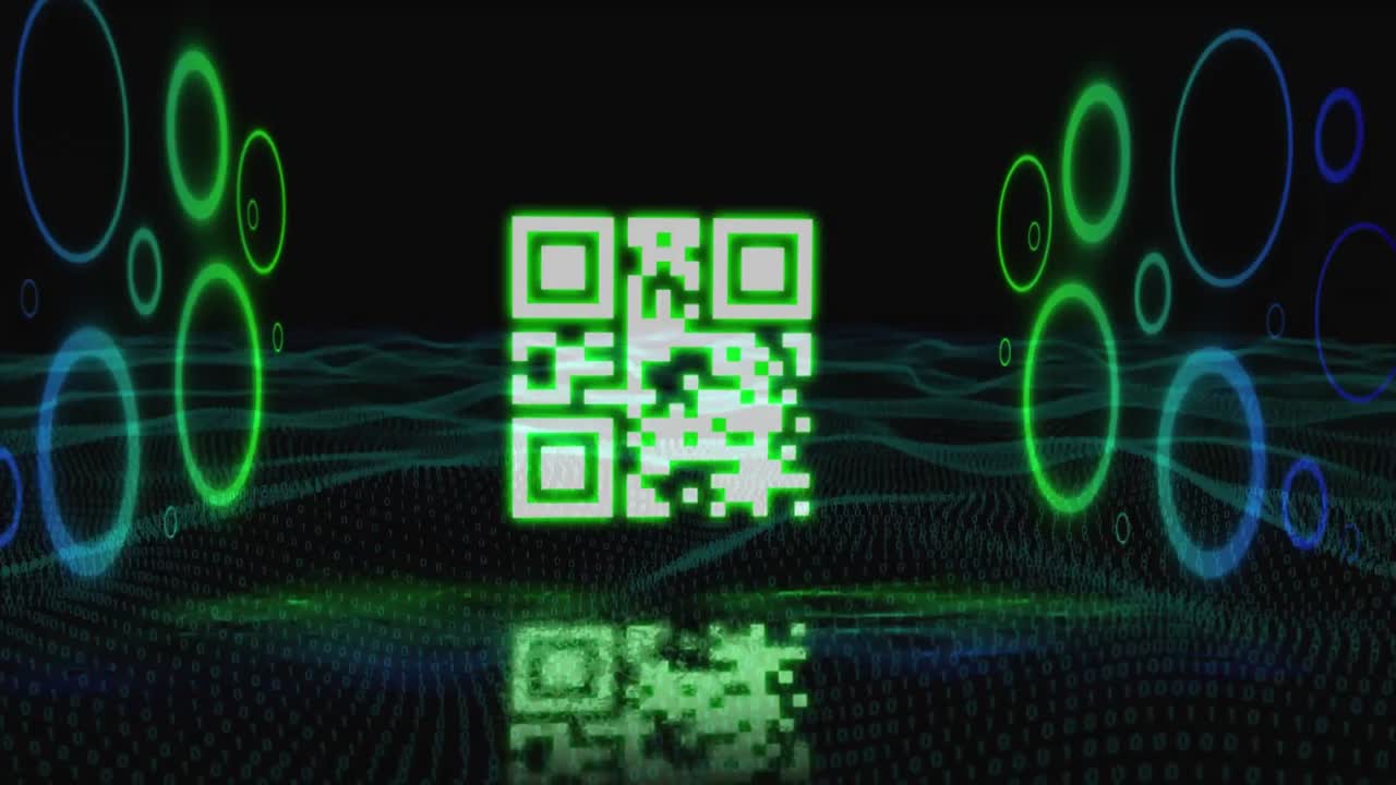 QR code scanner with neon elements against digital wave on black background