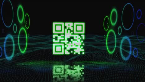 QR-Code-Scanner-Mit-Neonelementen-Vor-Digitaler-Welle-Auf-Schwarzem-Hintergrund