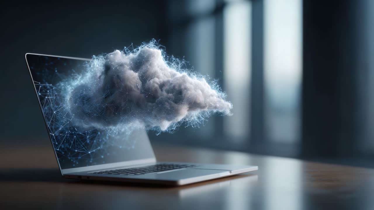 An Artistic Representation of Cloud Data Visualization Displayed on a Laptop, Merging Technology with Digital Imagery in a Modern Workspace Setting