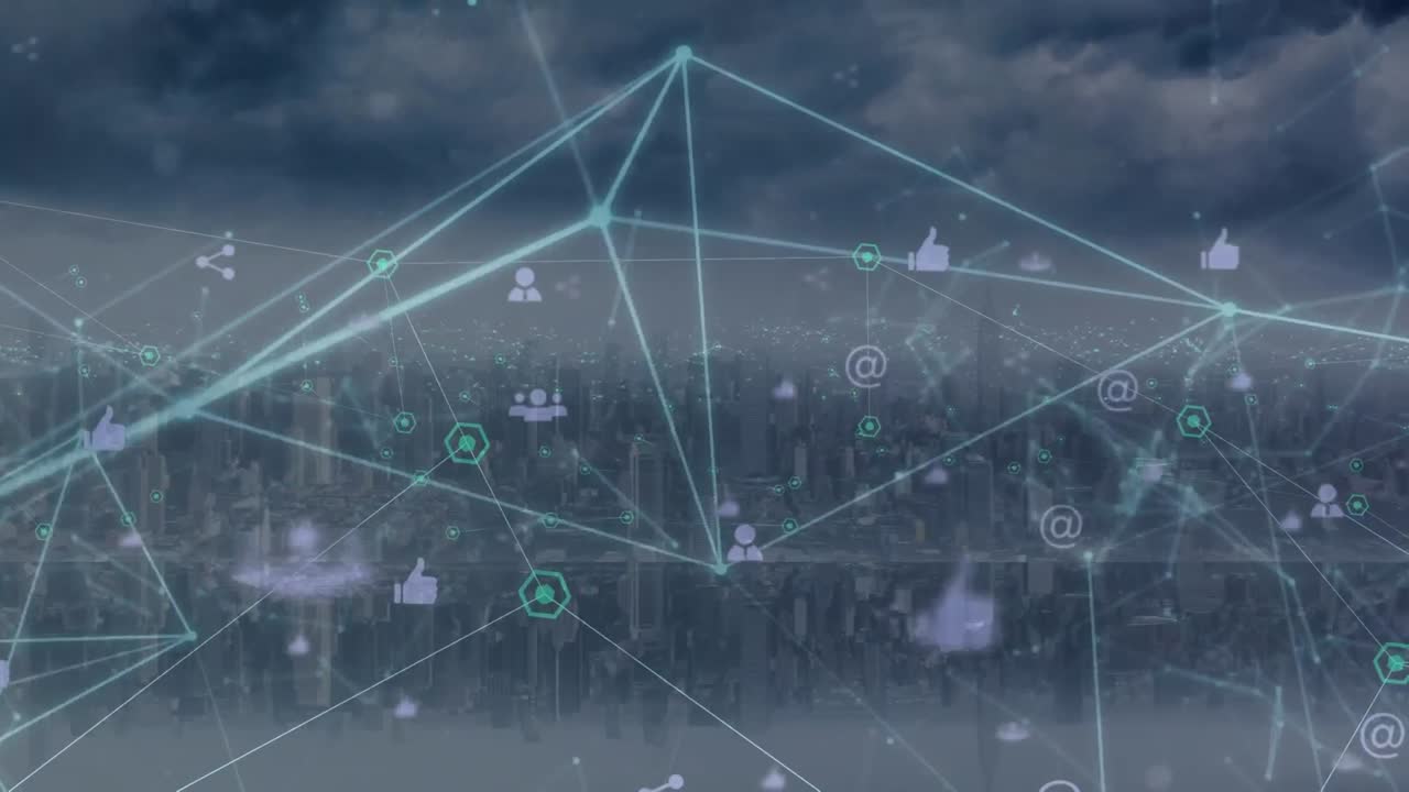 Animation of network of connections with icons over cityscape