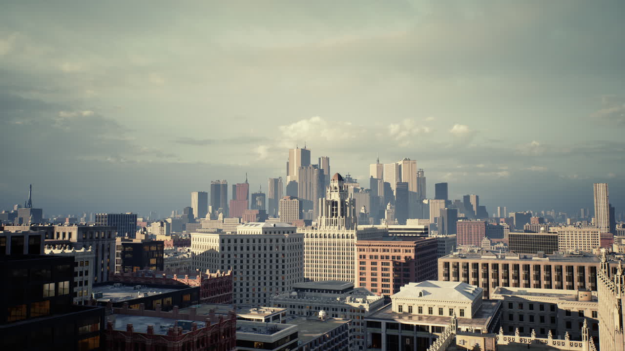Splendido panorama urbano di una città con gru ed edifici che risplende