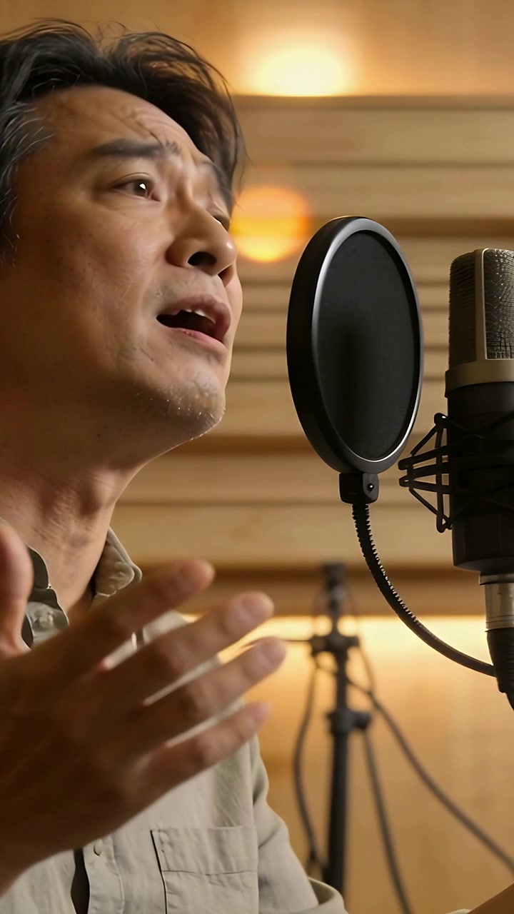 Video verticale: Un cantante che inizia una ripresa in studio usando microfono e filtro anti-pop, con una camicia chiara.
