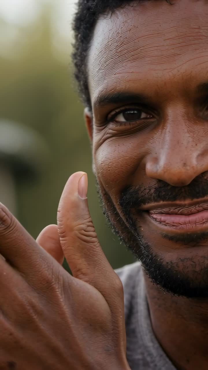 African American adult male smiling, showing teeth, moving hand and lips, responding to cue in park