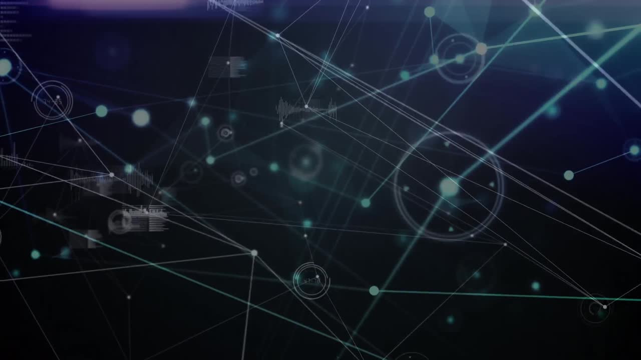 Animation of network of connections with icons and data processing on blue background