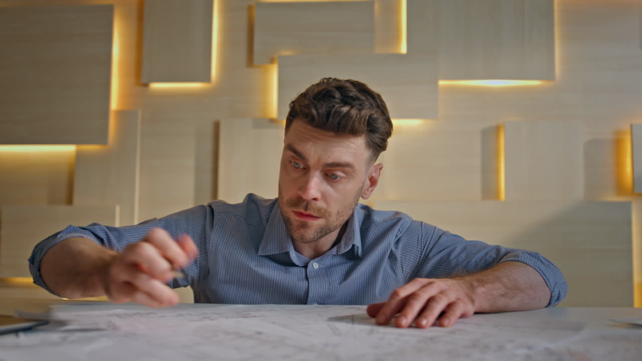 Draftsman working building plan in architectural firm closeup. Serious architect