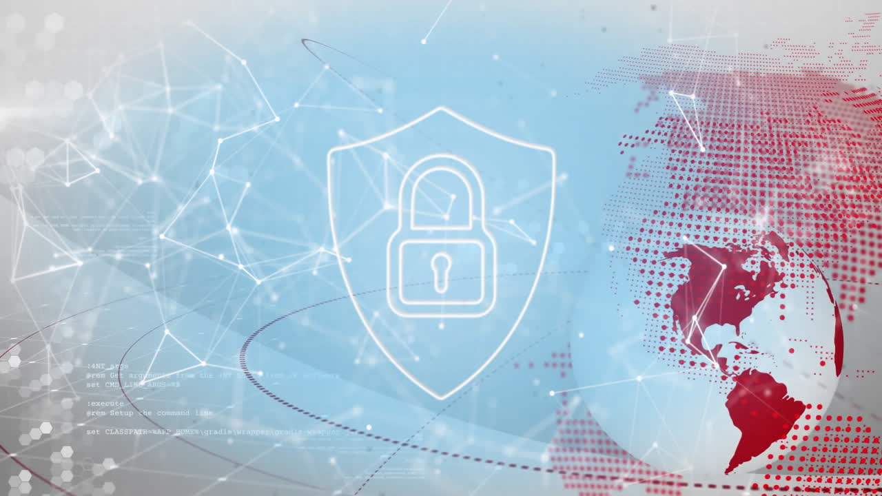 цифровая анимация блокировки безопасности по глобальным сетевым соединениям и карте мира