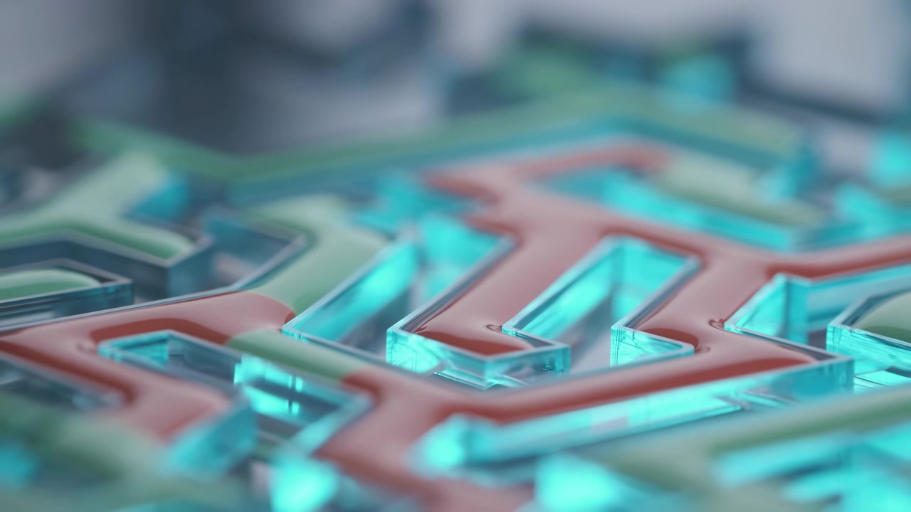 Close-up of glossy translucent turquoise and pink geometric shapes centered against a soft blurred background, with bright studio reflections, layered depth