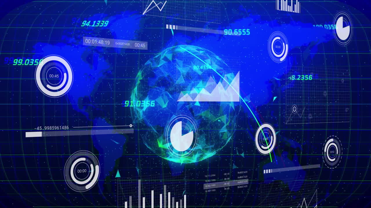 Data analytics and graphs overlaying digital globe with blue technological animation