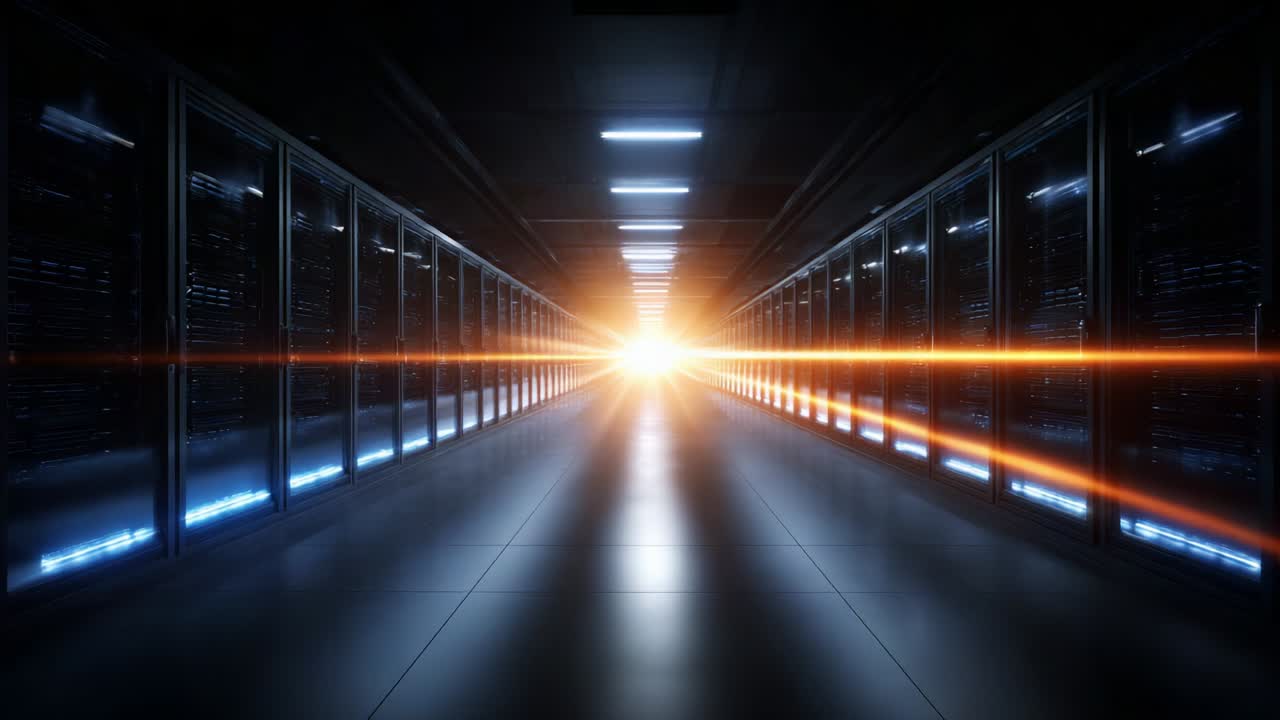 An illuminated corridor in a high-tech data center showcases glowing lines of light emerging from the distance. The sleek design features rows of server racks that create a futuristic and dynamic environment