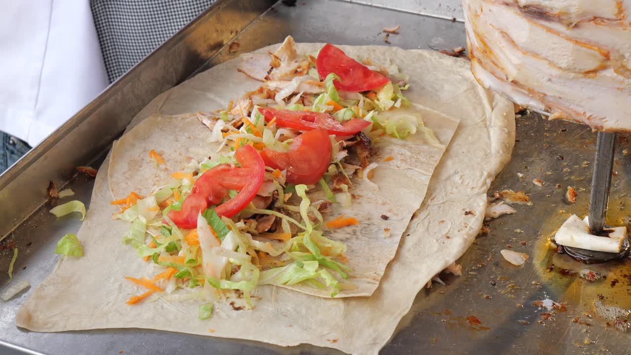 Koch bereitet köstlichen Döner Kebab Wrap mit Hähnchen und frischem Gemüse zu