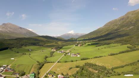 hermosos campos verdes y laderas de montaña perfectas en un pueblo de montaña en el fiordo de geiranger