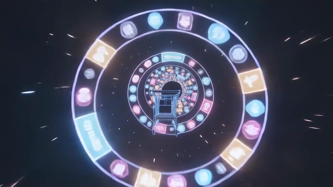 Un carrello wireframe in movimento si sposta attraverso un tunnel al neon mentre il movimento della telecamera attiva anelli di icone e scintille.