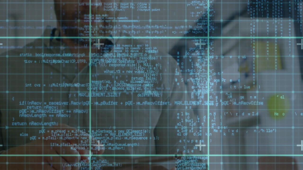Vertical video: Swiping man using phone in kitchen, code overlay appearing, light top, headphones