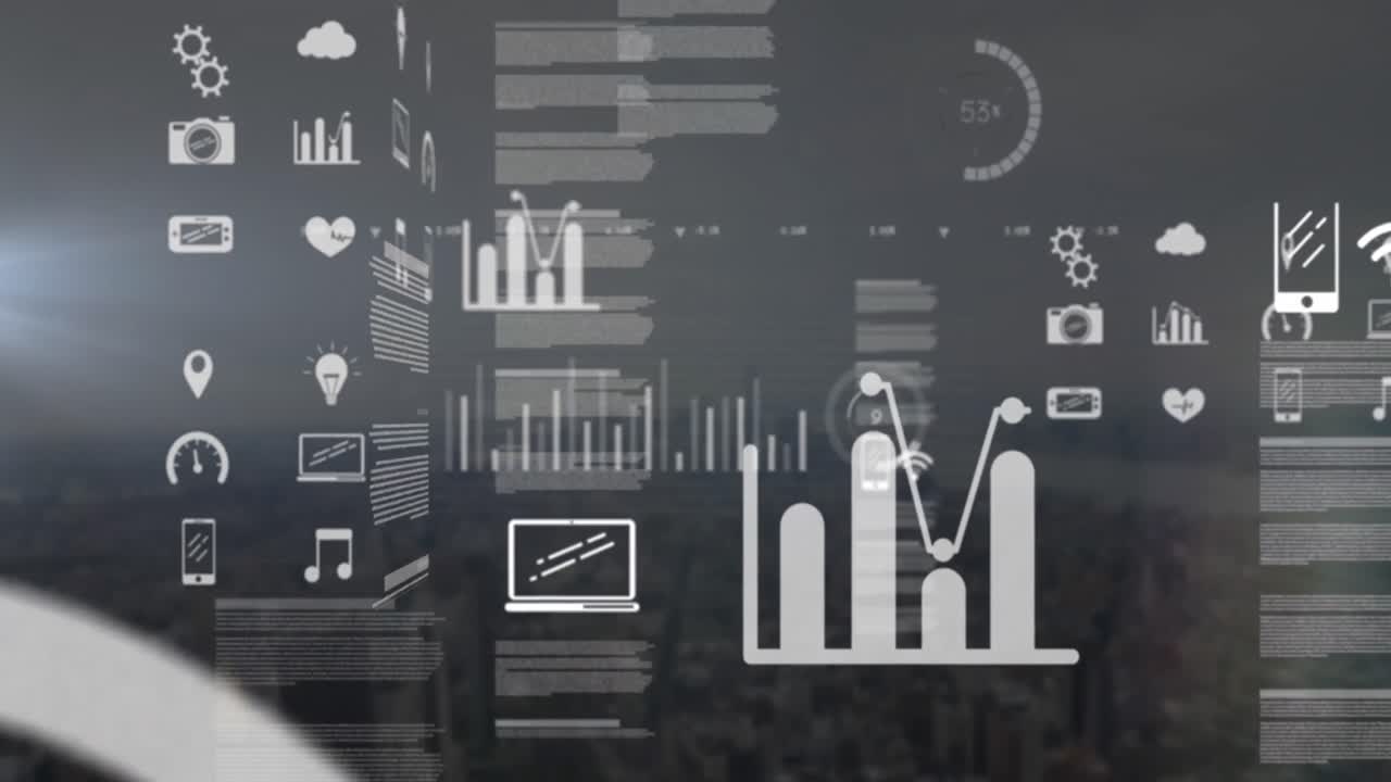 Animation of data processing with icons over cityscape